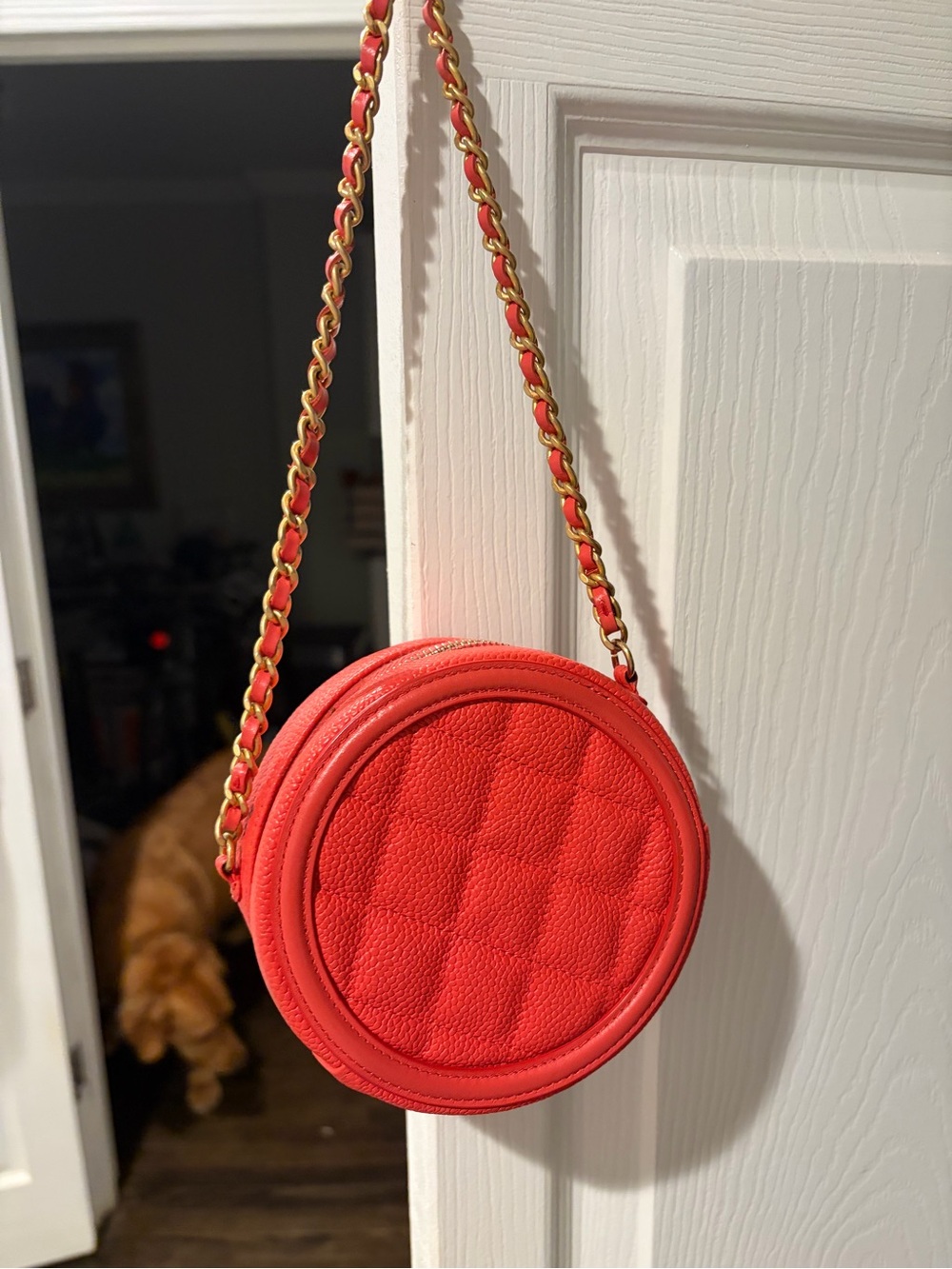 CHANEL Coral-Red Quilted Round Crossbody Bag with Gold Chain - Picture 4 of 4